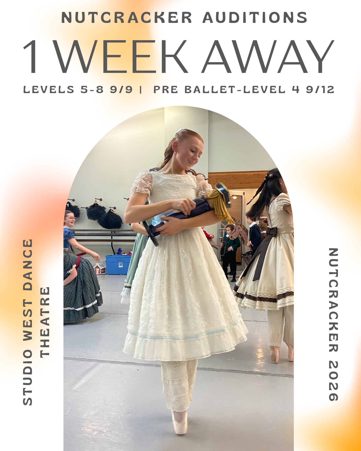 Ballet dancer in costume holding a Nutcracker doll. Studio West Nutcracker auditions are one week away: Levels 5–8 on September 9 and Pre-Ballet–Level 4 on September 12